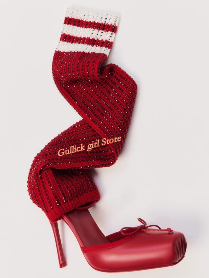 Red Knit Square Toe Boots Cut  - огляд і ціна Women Shoes Sale