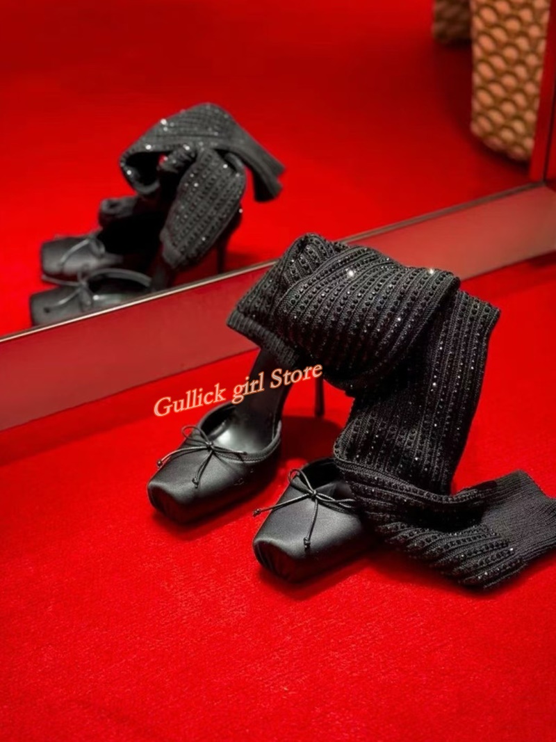Red Knit Square Toe Boots Cut  - огляд і ціна Women Shoes Sale